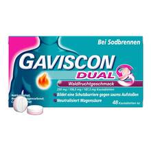 Abbildung: Gaviscon Dual Waldfrucht 250mg / 106,5mg / 187,5mg Kta 48 St, Kautabletten PZN 20033119 