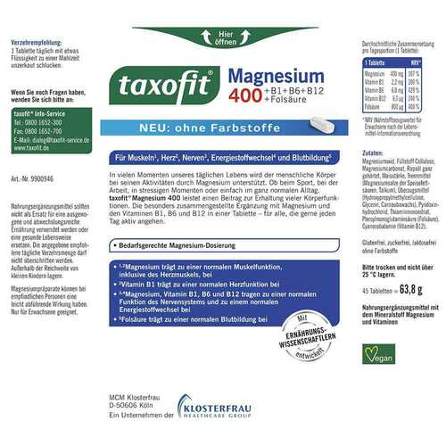 Taxofit Magnesium 400 + B1 + B6 + B12 + Fols&auml;ure Tabletten - 2