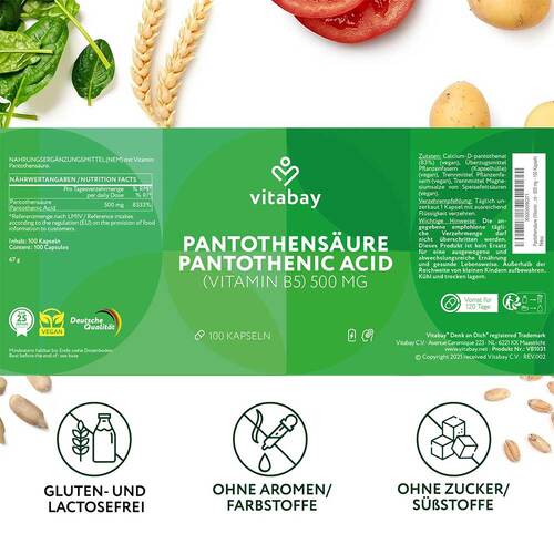 Pantothens&auml;ure 500 mg Vitamin B5 vegane hochdosierte magensaftresistente Kapseln - 2