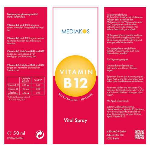 Vitamin B12 + B6 + Fols&auml;ure Mediakos Vital Spray - 5